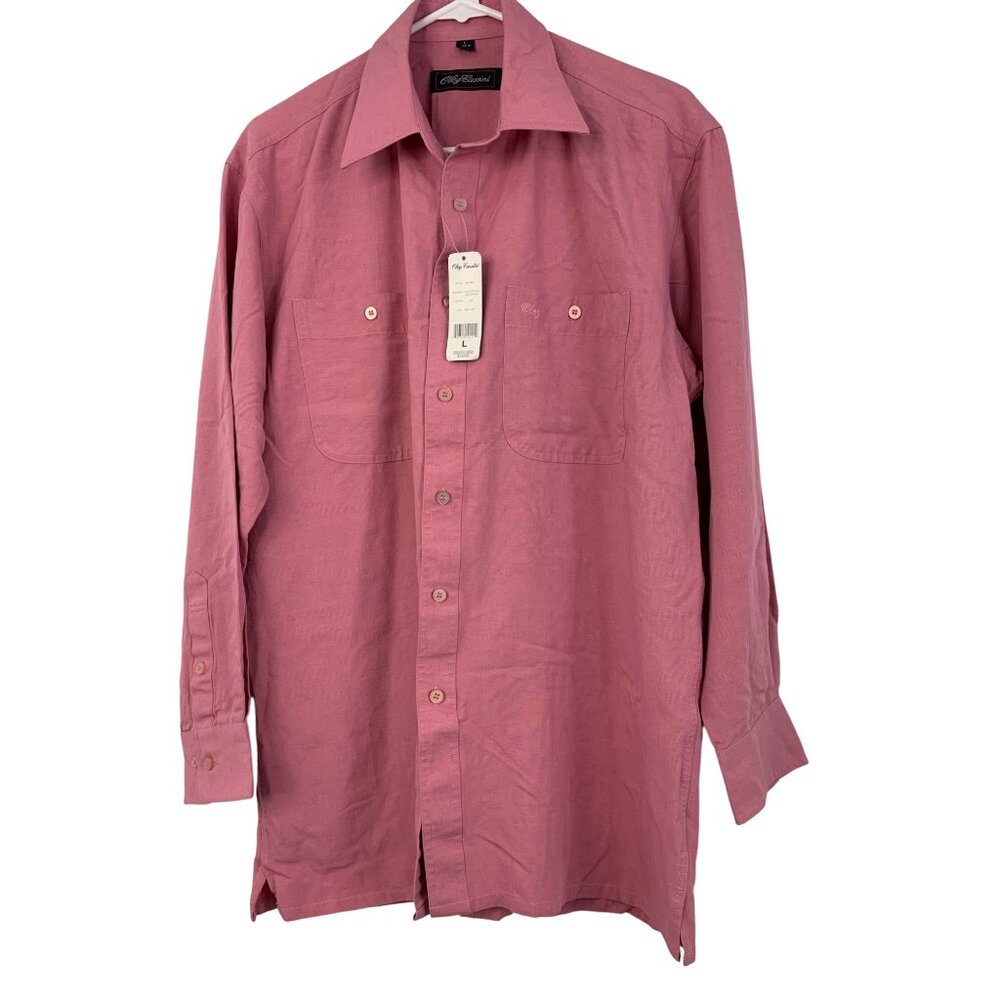 Oleg Cassini Mens Long-Sleeve Button-Up Shirt Pink Size L Logo 8747
